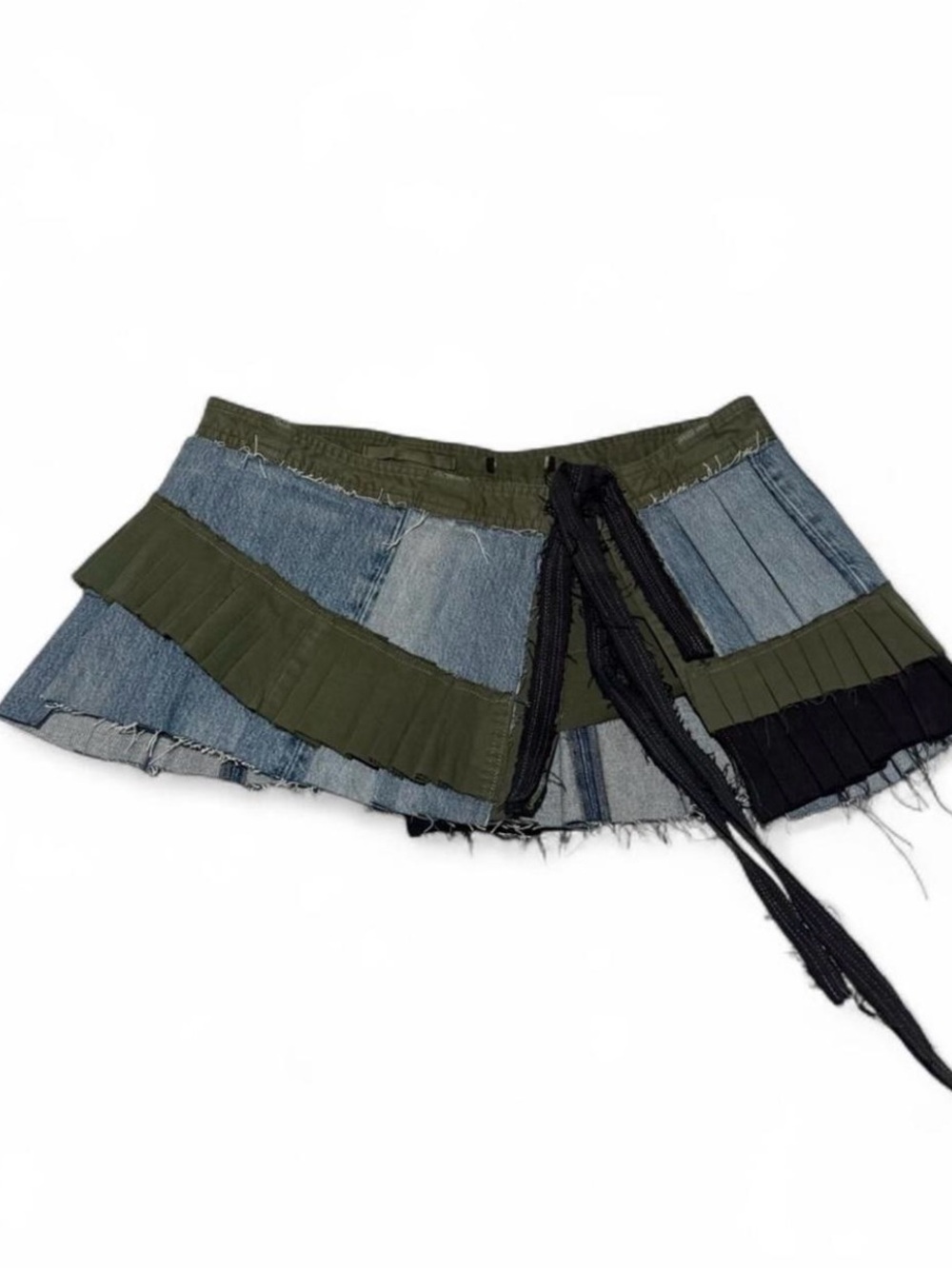 Reworked Y2K Olive Green and Denim Patchwork Mini Skirt